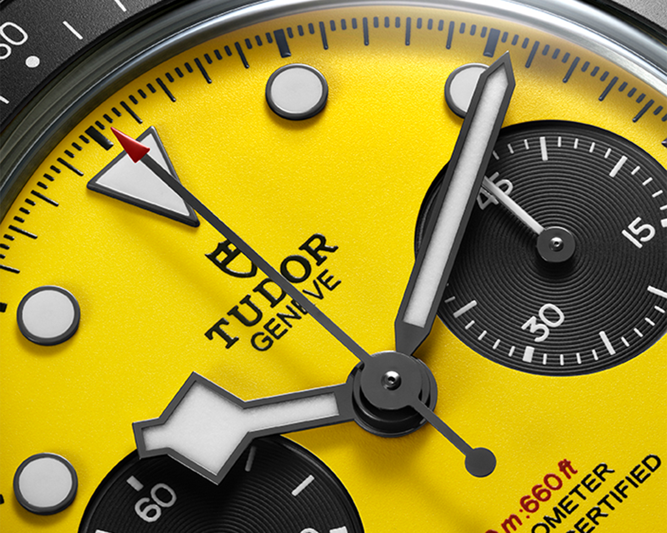 Close-up of the domed yellow dial and Snowflake hands on the Tudor Black Bay Chrono 39 Bumblebee